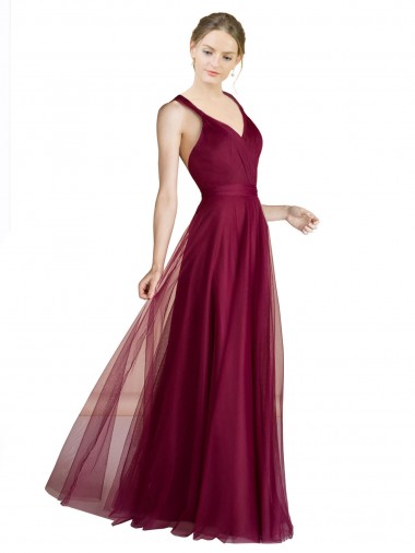 Cheap Long Sweetheart Tulle Bridesmaid Dress with Straps and Criss Cross Back Canada