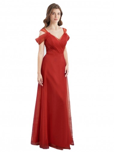 Cheap Cold Shoulder Pleated Wrap Tulle Bridesmaid Dress with Low V-Back Canada