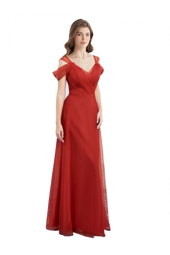 Cheap Cold Shoulder Pleated Wrap Tulle Bridesmaid Dress with Low V-Back Canada