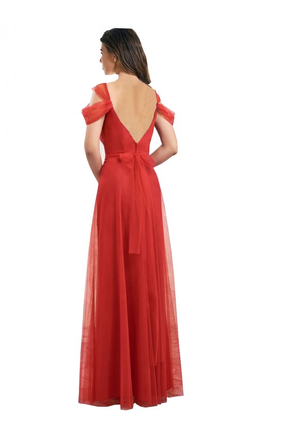 Cheap Cold Shoulder Pleated Wrap Tulle Bridesmaid Dress with Low V-Back Canada