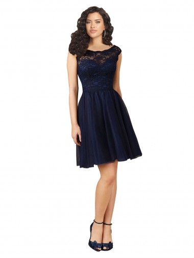 Cheap Short Bateau Neck Tulle Bridesmaid Dress with Lace Bodice Canada