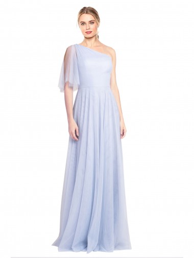 Cheap Flutter Sleeves One Shoulder Long Tulle Bridesmaid Dress Canada