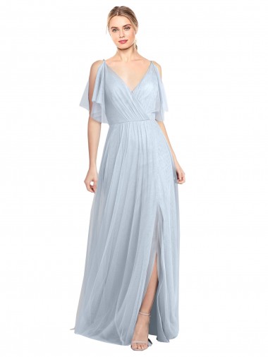 Cheap Floor Length Flutter Sleeves Long Tulle Bridesmaid Dress with Side Slit Canada