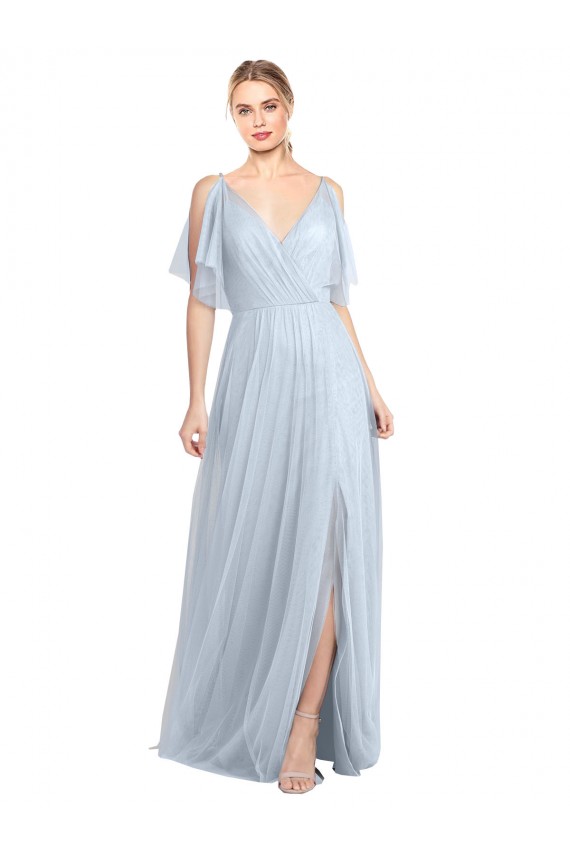 Cheap Floor Length Flutter Sleeves Long Tulle Bridesmaid Dress with Side Slit Canada