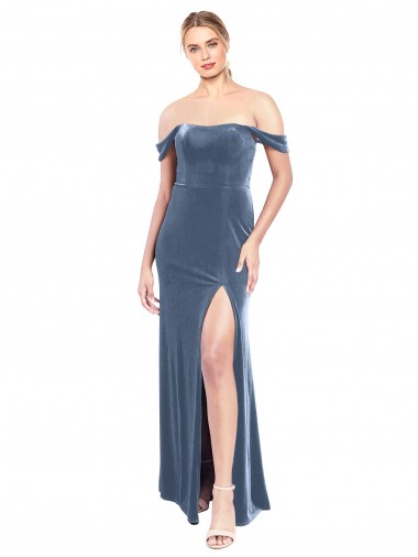 Cheap Draped Sleeves Wide Scoop Neck Off the Shoulder Velvet Bridesmaid Dress Canada