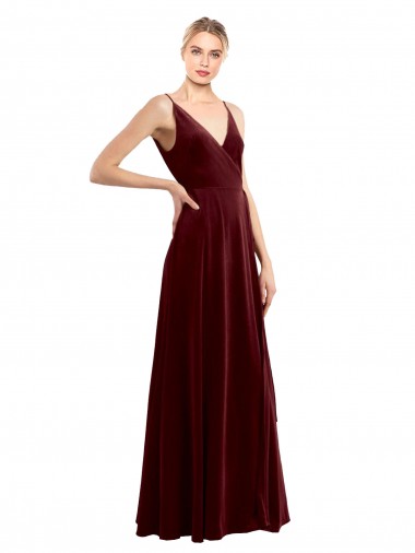 Cheap Faux Wrap V-Neck Sleek Long Velvet Bridesmaid Dress Canada