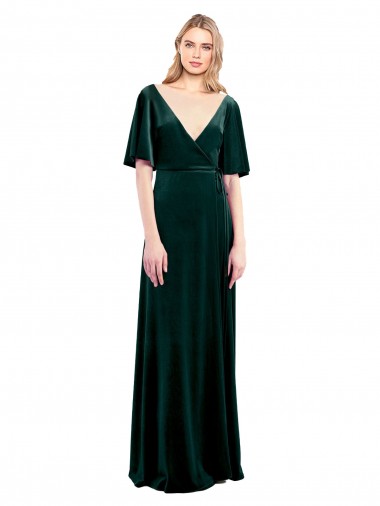 Cheap Deep V-Neck Flutter Sleeves Long Velvet Wrap Bridesmaid Dress Canada