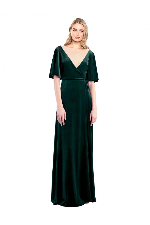 Cheap Deep V-Neck Flutter Sleeves Long Velvet Wrap Bridesmaid Dress Canada