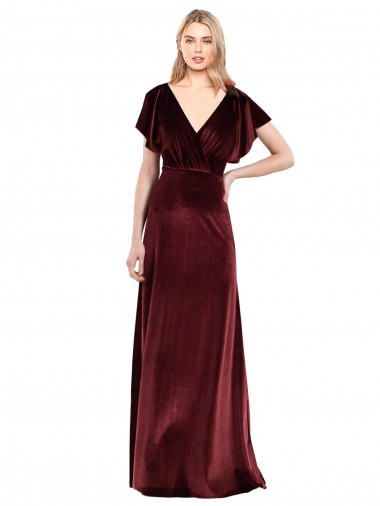 Cheap Flutter Sleeves Open Back Long Velvet Bridesmaid Dress Canada