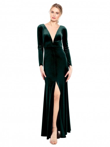 Cheap Plunging V-Neckline Long Sleeves Open Back Velvet Bridesmaid Dress Canada