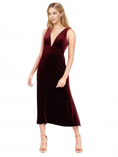 Cheap Daring Plunging V-Neckline Short Midi Length Velvet Bridesmaid Dress Canada