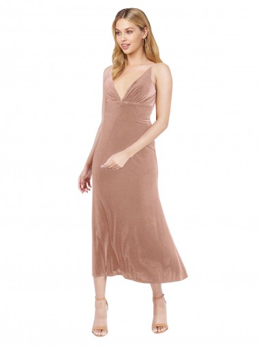 Cheap Midi Length Short V-Neck Velvet Bridesmaid Dress with Notched Neckline Canada