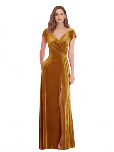 Cheap Cap Sleeve Faux Wrap Velvet Maxi Bridesmaid Dress with Pockets Canada