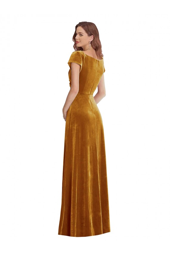 Cheap Cap Sleeve Faux Wrap Velvet Maxi Bridesmaid Dress with Pockets Canada