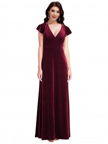 Cheap Flutter Sleeve Velvet Maxi Bridesmaid Dress with Pockets Canada