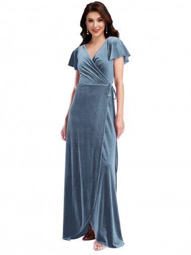 Cheap Flutter Sleeve Velvet Wrap Maxi Bridesmaid Dress with Pockets Canada