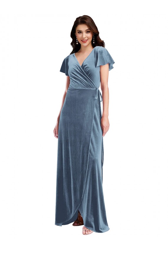 Cheap Flutter Sleeve Velvet Wrap Maxi Bridesmaid Dress with Pockets Canada