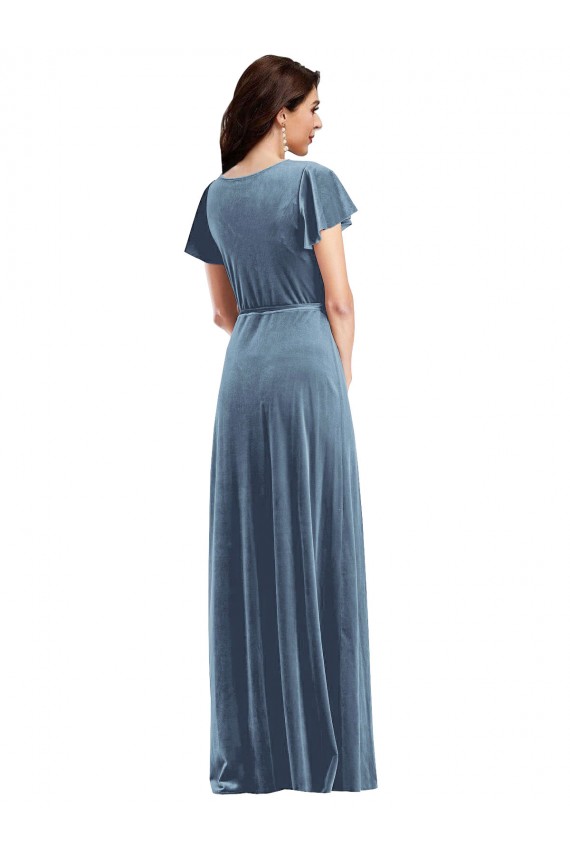 Cheap Flutter Sleeve Velvet Wrap Maxi Bridesmaid Dress with Pockets Canada