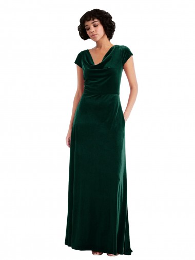 Cheap Cowl Neck Cap Sleeve Velvet Maxi Bridesmaid Dress with Pockets Canada