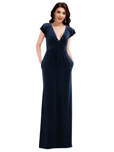 Cheap Flutter Sleeve Wrap Bodice Velvet Maxi Bridesmaid Dress with Pockets Canada