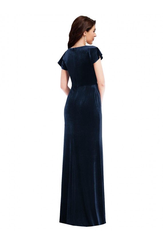 Cheap Flutter Sleeve Wrap Bodice Velvet Maxi Bridesmaid Dress with Pockets Canada