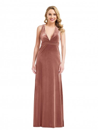 Cheap Plunging Neckline Velvet Maxi Bridesmaid Dress with Criss Cross Open Back Canada