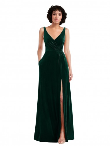 Cheap Floor Length Velvet Maxi Bridesmaid Dress with Shirred Bodice and Front Slit Canada