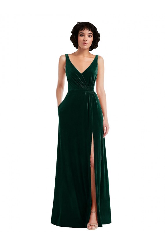 Cheap Floor Length Velvet Maxi Bridesmaid Dress with Shirred Bodice and Front Slit Canada