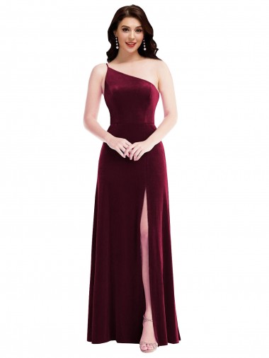 Cheap One Shoulder Spaghetti Strap Velvet Maxi Bridesmaid Dress with Pockets Canada