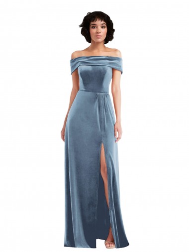 Cheap Draped Cuff Off the Shoulder Velvet Maxi Bridesmaid Dress with Pockets Canada