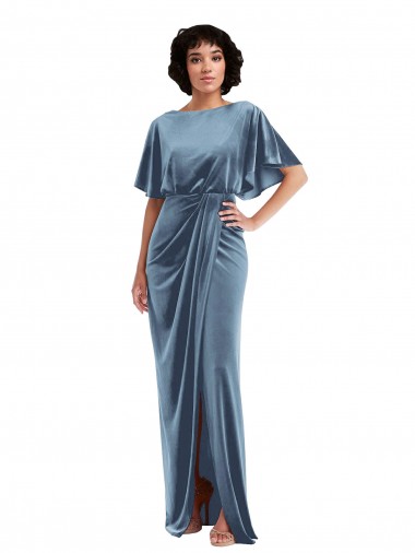 Cheap Flutter Sleeve Open Back Velvet Maxi Bridesmaid Dress with Draped Wrap Skirt Canada