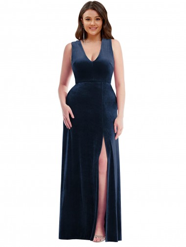 Cheap Deep V-Neck Sleeveless Velvet Maxi Bridesmaid Dress with Pockets Canada