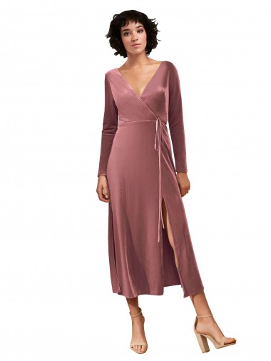 Cheap Long Sleeve Velvet Faux Wrap Midi Length Bridesmaid Dress Canada