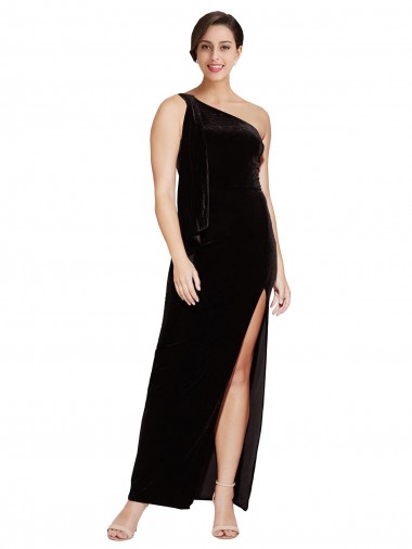 Cheap One Shoulder Long Velvet Bridesmaid Dress with Side Split and Shoulder Tie Canada