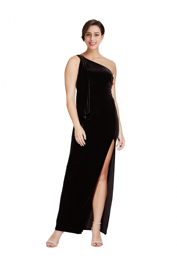 Cheap One Shoulder Long Velvet Bridesmaid Dress with Side Split and Shoulder Tie Canada