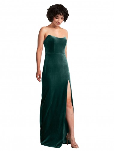 Cheap Scooped Strapless Long Velvet Bridesmaid Dress with Daring Side Slit Canada