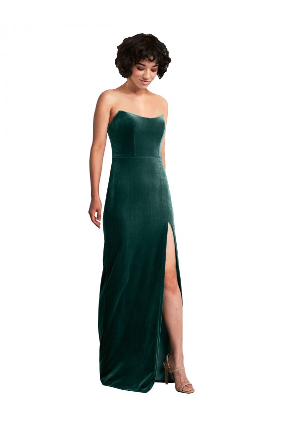 Cheap Scooped Strapless Long Velvet Bridesmaid Dress with Daring Side Slit Canada