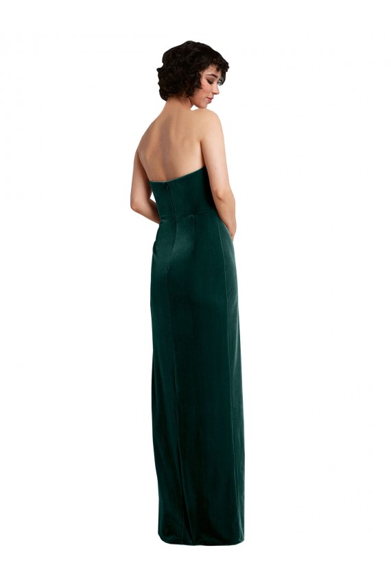 Cheap Scooped Strapless Long Velvet Bridesmaid Dress with Daring Side Slit Canada